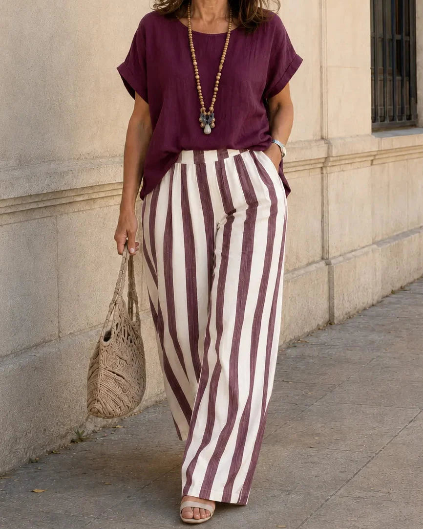 Isabelle | Relaxed Top and Striped Wide-Leg Pants Set
