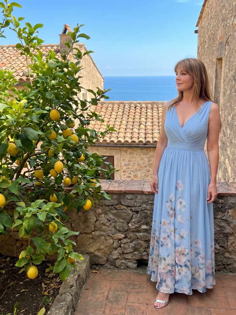 Auvelle | Robe midi sans manches à encolure en V avec ourlet floral doux