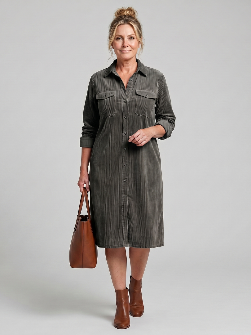 Auvelle | Robe Midi à Manches Longues avec Poches à Rabat