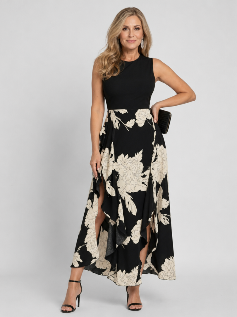 Auvelle | Robe midi sans manches à imprimé floral avec ourlet asymétrique
