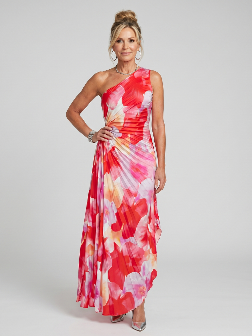 Auvelle | Robe Midi à Bretelle Unique avec Corsage Plissé