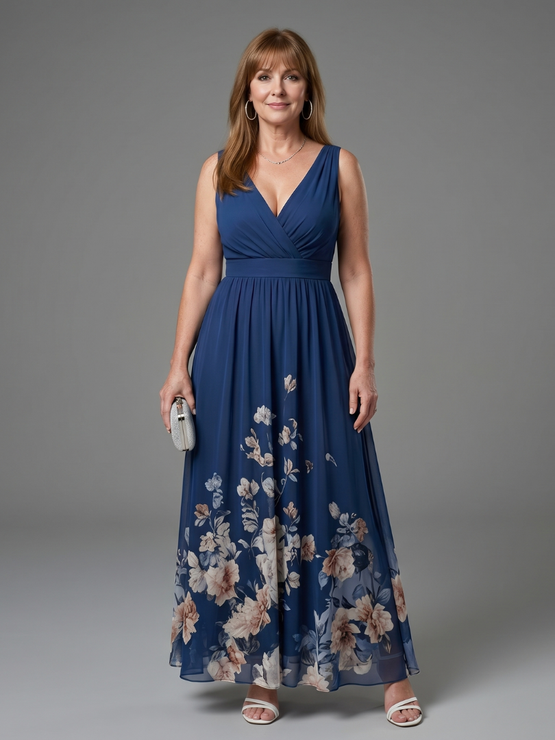 Auvelle | Robe midi sans manches à encolure en V avec ourlet floral doux