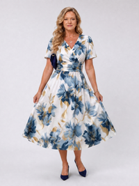 Auvelle | Robe Midi Enveloppe à Manches Courtes Imprimé Floral