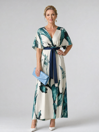 Auvelle | Robe Maxi à Manches Flutter et Ceinture Abstraite