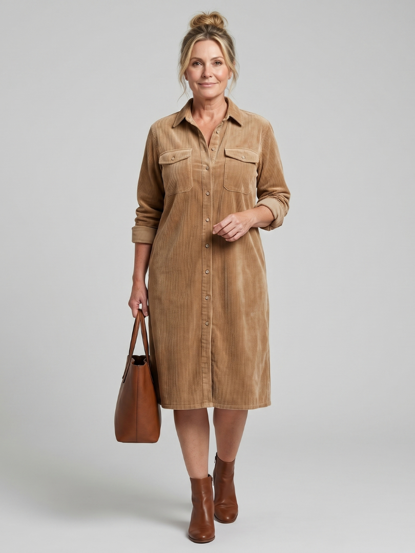 Auvelle | Robe Midi à Manches Longues avec Poches à Rabat