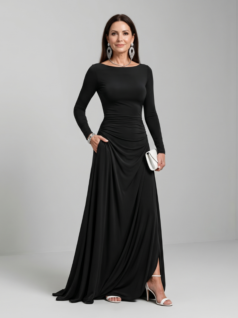 Auvelle | Robe Maxi Fluide à Manches Longues et Col Bardot