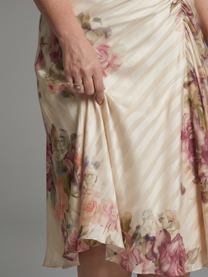 Auvelle | Robe Midi à Manches Volantes Imprimé Floral à Rayures
