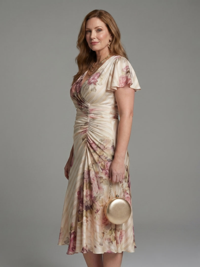 Auvelle | Robe Midi à Manches Volantes Imprimé Floral à Rayures