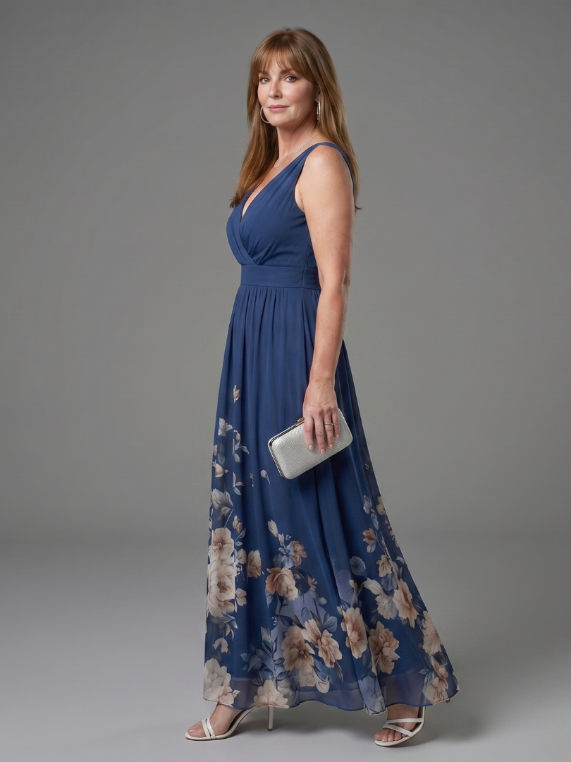 Auvelle | Robe midi sans manches à encolure en V avec ourlet floral doux