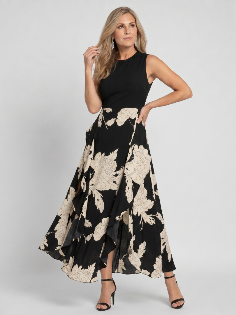 Auvelle | Robe midi sans manches à imprimé floral avec ourlet asymétrique