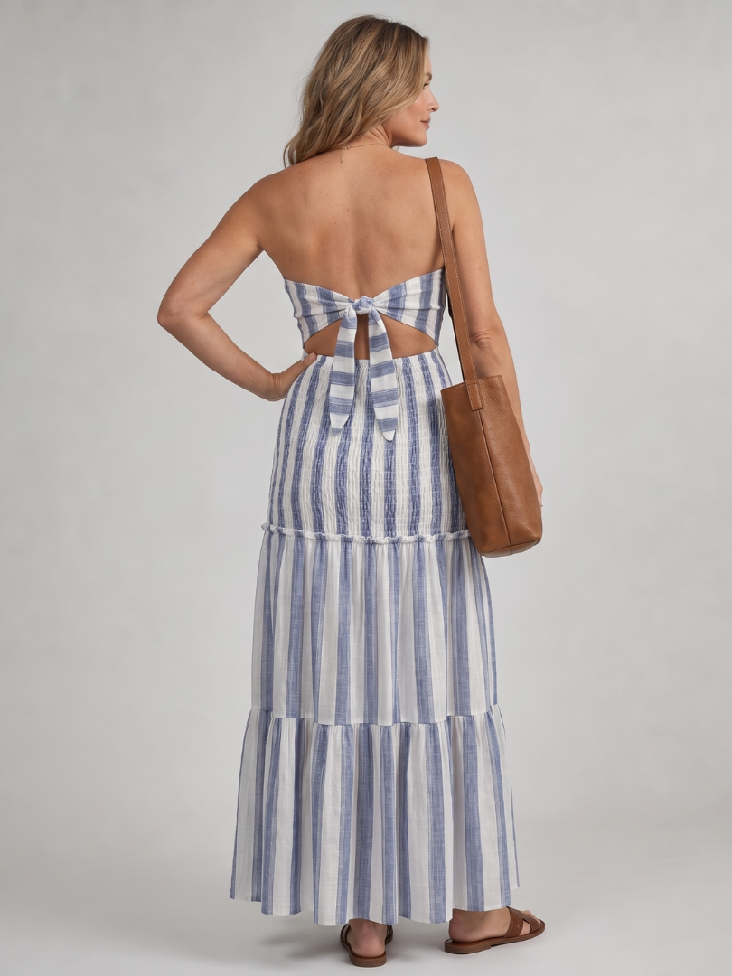Auvelle | Robe Midi à Volants et Rayures Sans Bretelles