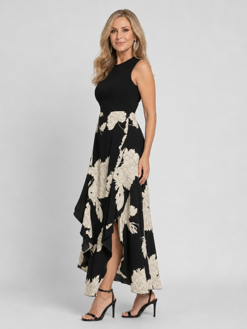 Auvelle | Robe midi sans manches à imprimé floral avec ourlet asymétrique