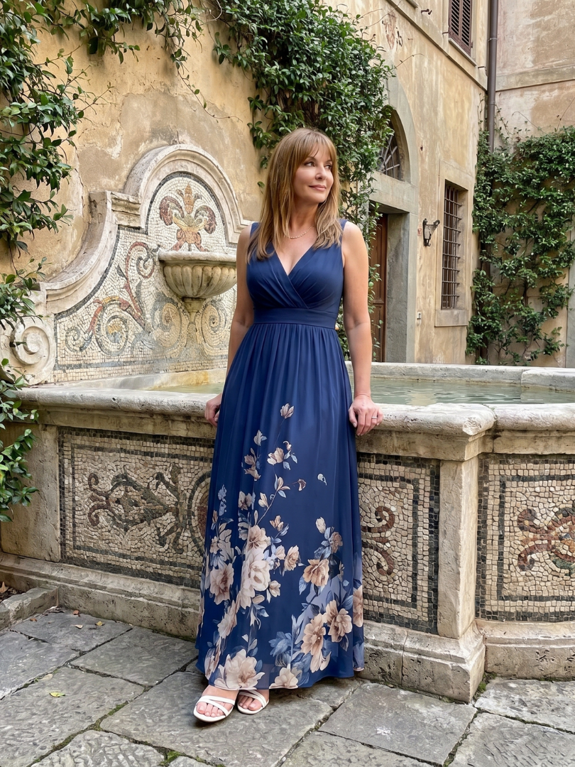 Auvelle | Robe midi sans manches à encolure en V avec ourlet floral doux