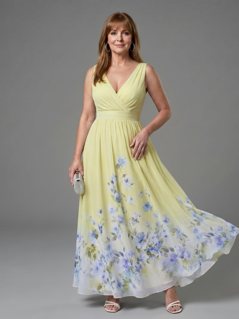 Auvelle | Robe midi sans manches à encolure en V avec ourlet floral doux