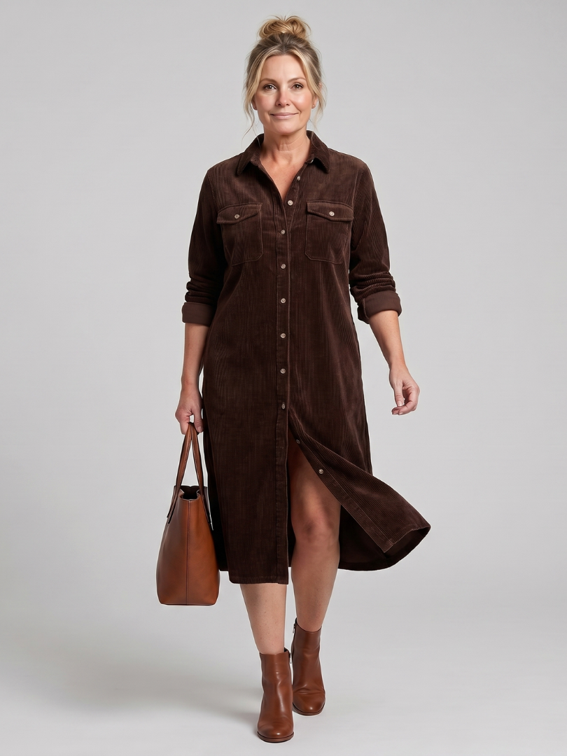 Auvelle | Robe Midi à Manches Longues avec Poches à Rabat