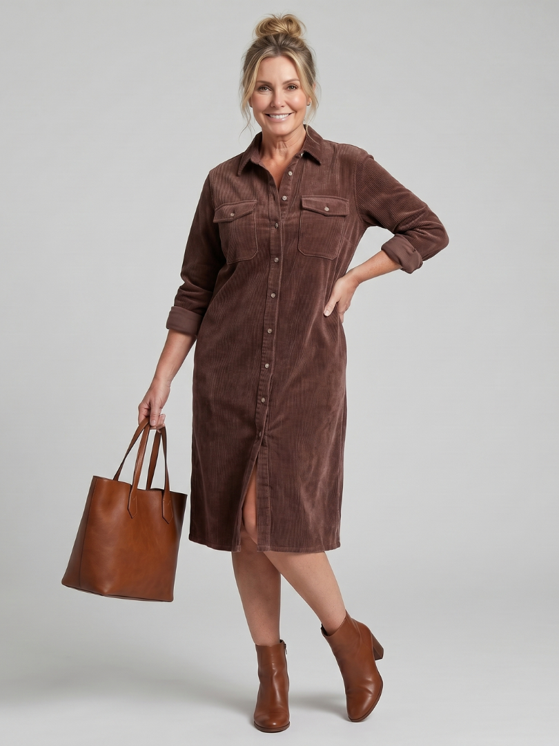 Auvelle | Robe Midi à Manches Longues avec Poches à Rabat