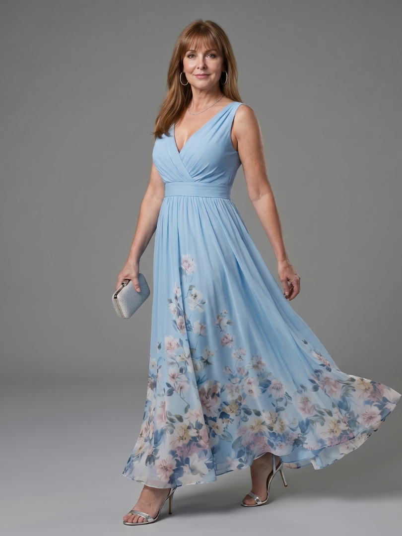 Auvelle | Robe midi sans manches à encolure en V avec ourlet floral doux