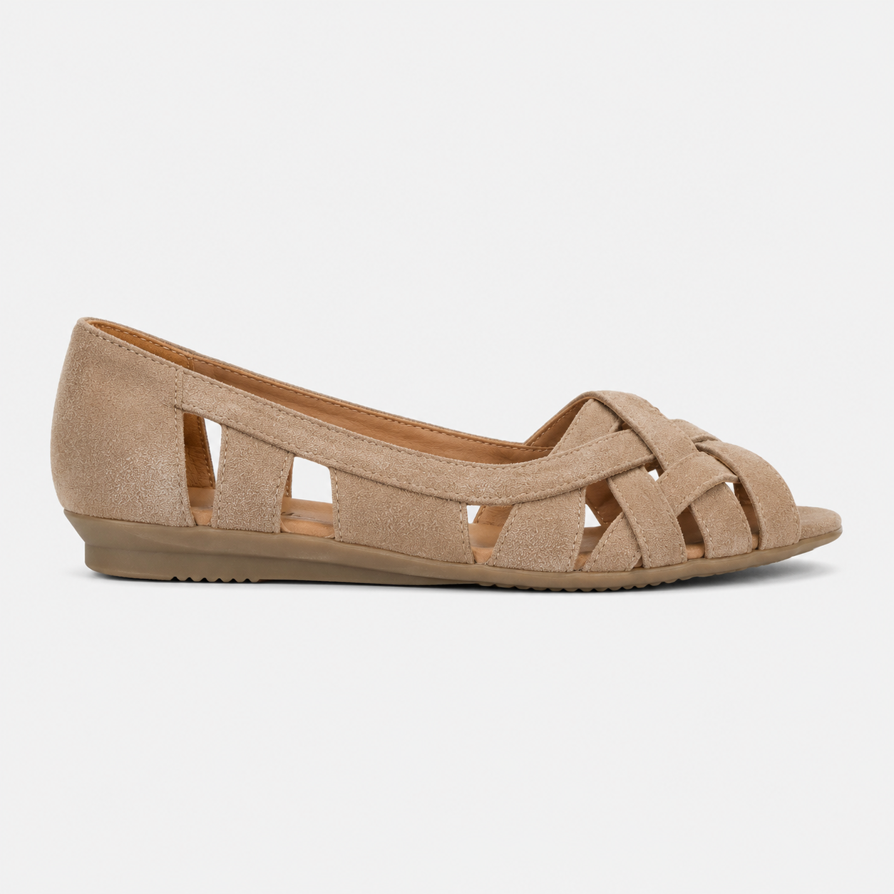 Open-toe low sandals with crossed fabric straps