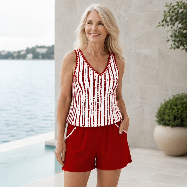 Mia | Casual Two Piece Printed V-Neck Swimsuit with Pockets