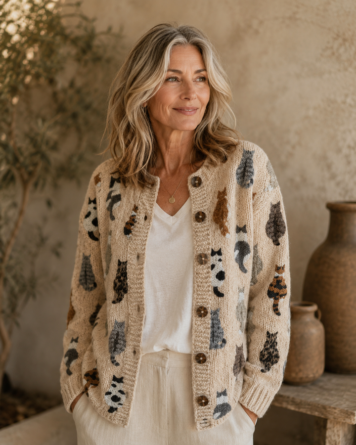 Ashy - Relaxed Cat Print Cardigan