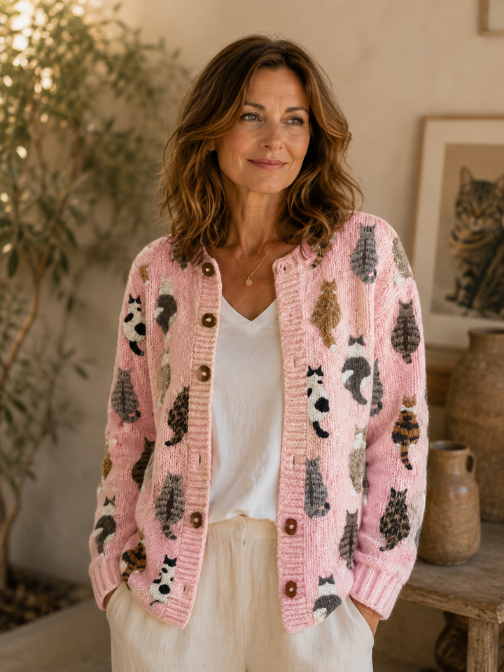 Ashy - Relaxed Cat Print Cardigan