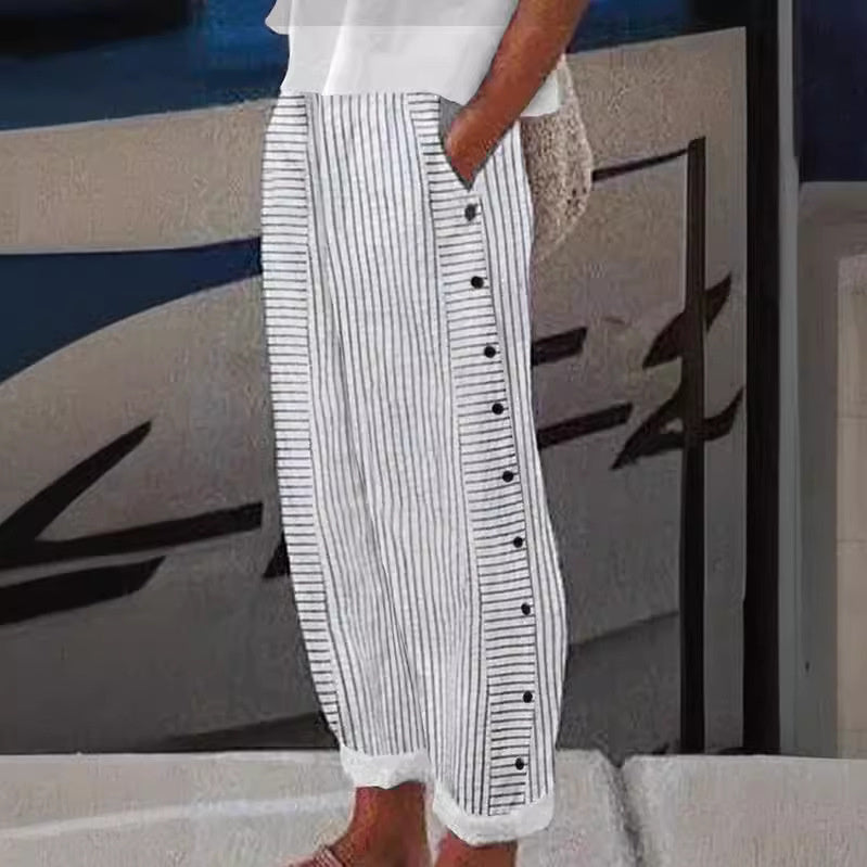 Laurent Atelier™ | STRIPED BUTTON-ACCENT PANTS
