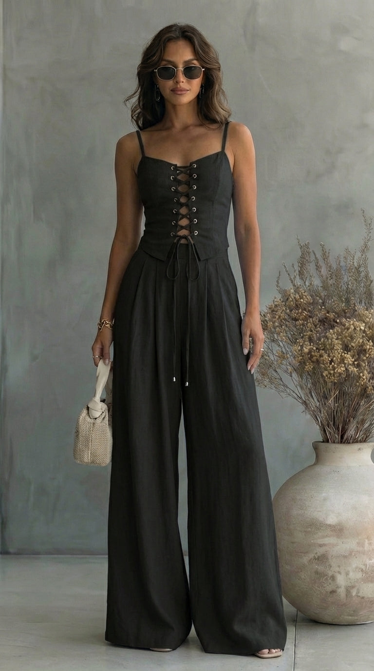 Cara | Lace-Up Wide-Leg Two-Piece Set