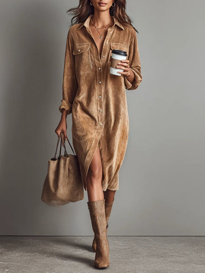 Jessy - Loose Corduroy Double Chest Pocket Breasted Midi Dress